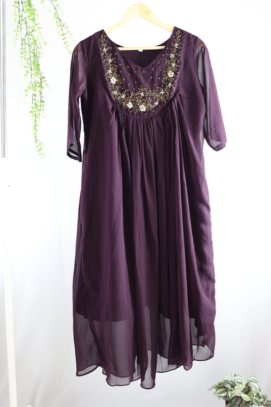 Dark Wine Georgette Aline Kurti with embroidery