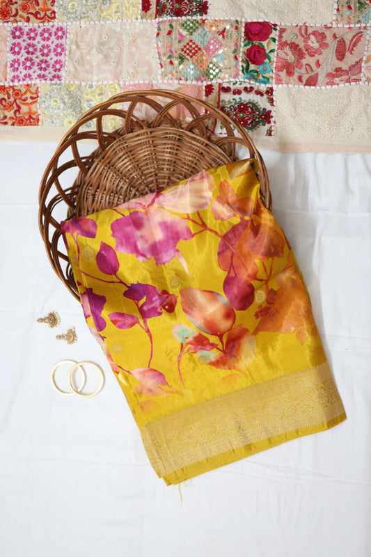 Mustard Yellow saree with digital print and zari order