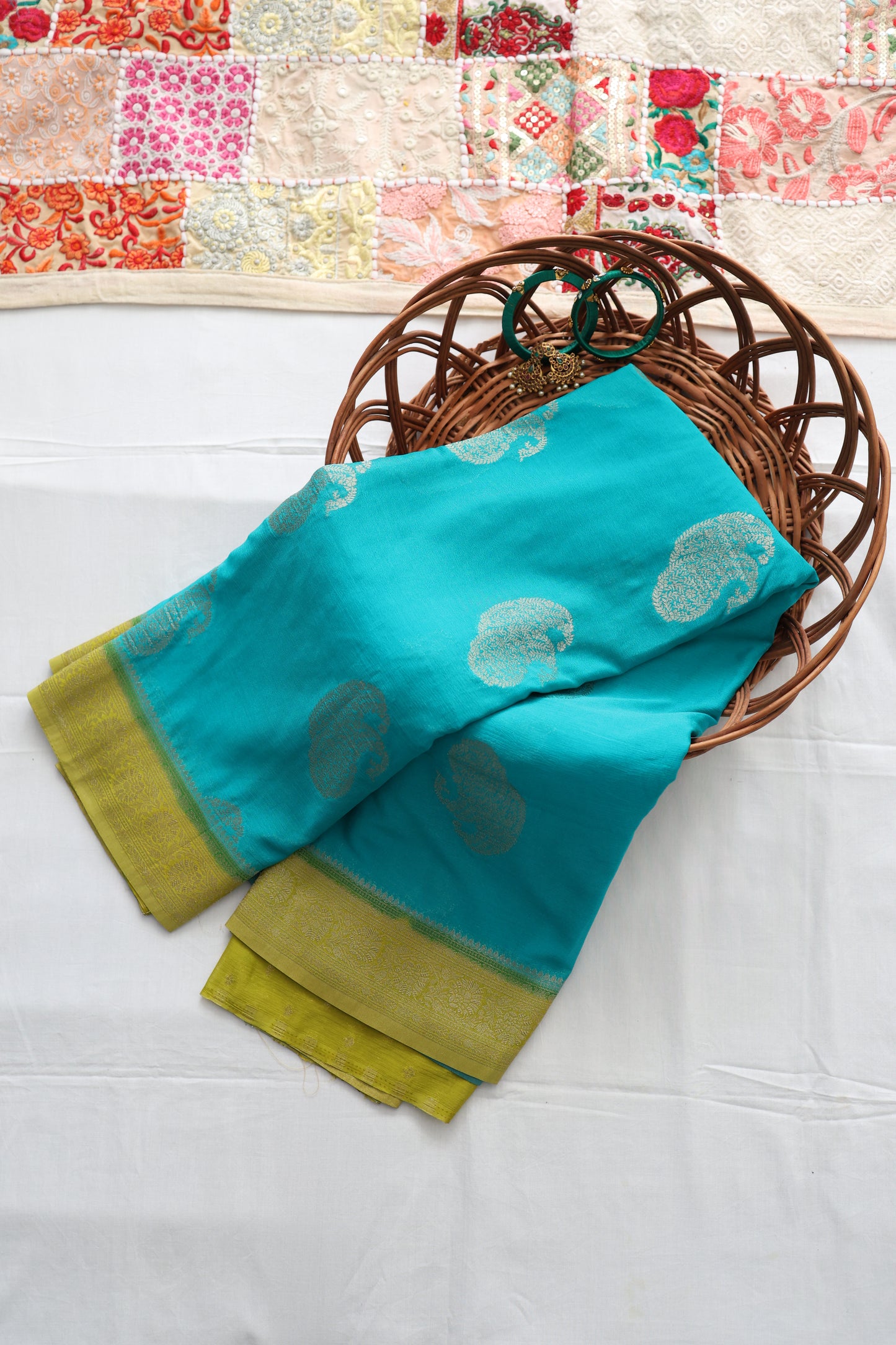 Banaras georgette silk with contrast border-Sea green & yellow