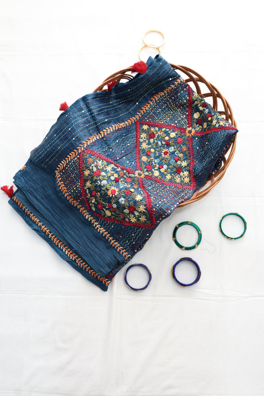 Teal blue crush organza saree with Kantha work