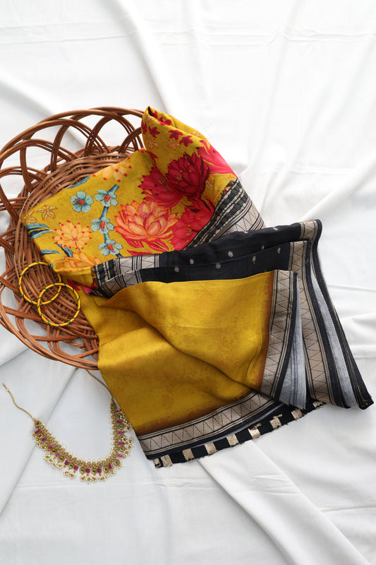 Mysore crepe Silk-Black & mustard