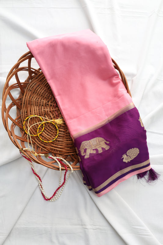 Semi Mysore crepe silk with contrast border-Pink & Purple