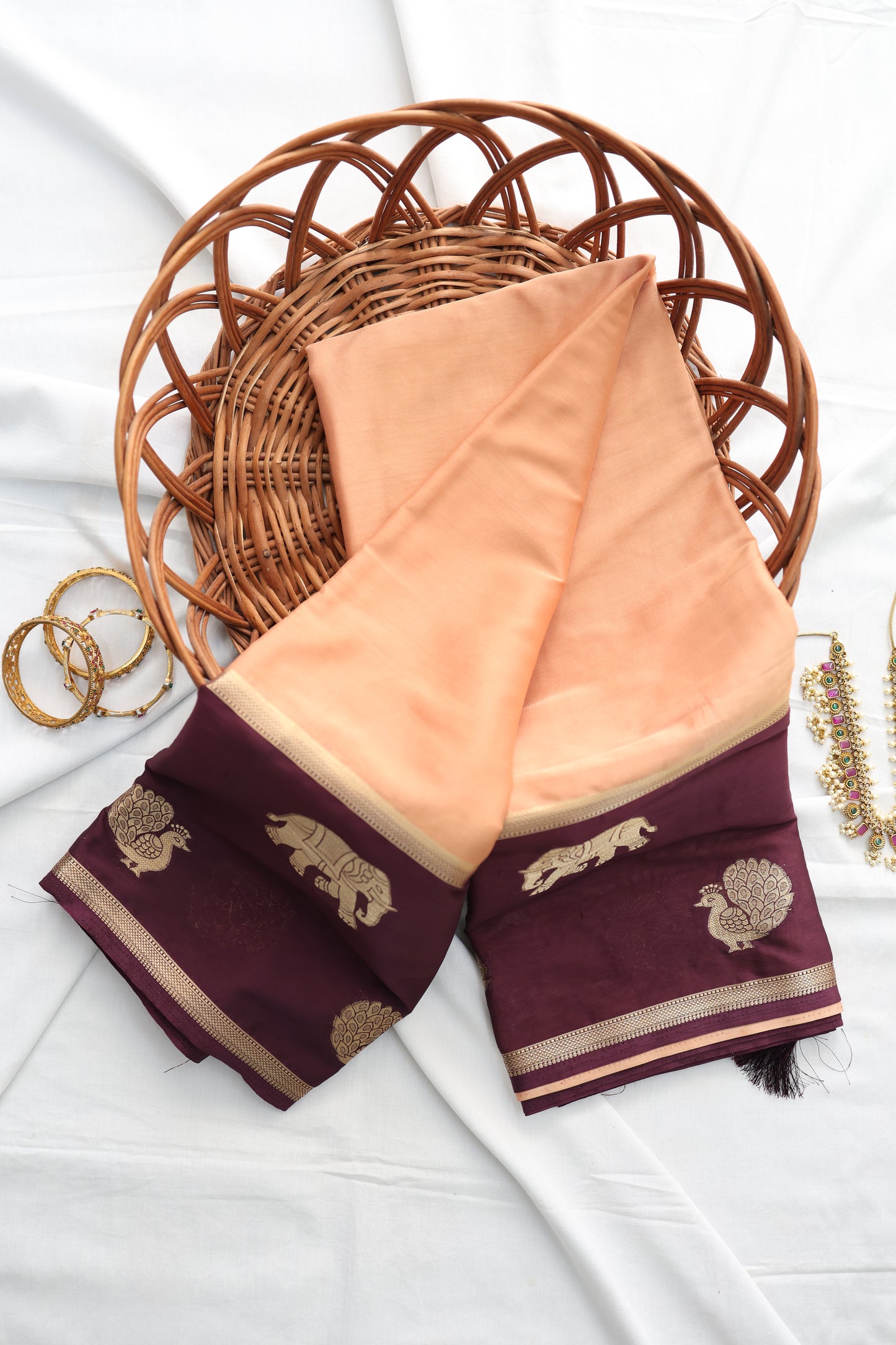 Semi Mysore crepee silk with contrast border-Cream & brown