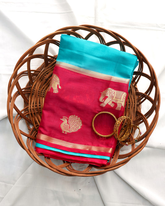 Semi Mysore crepee silk with contrast border-Blue & pink