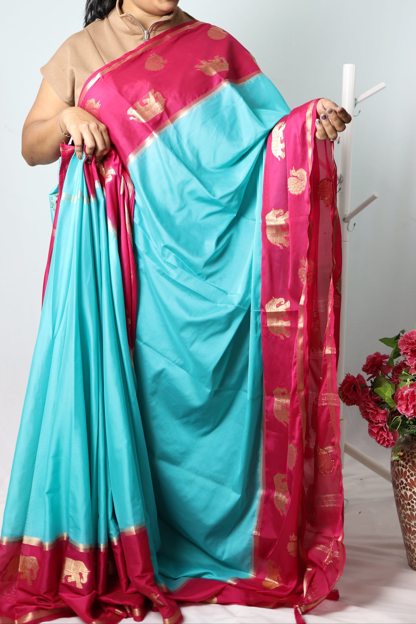 Semi Mysore crepee silk with contrast border-Blue & pink