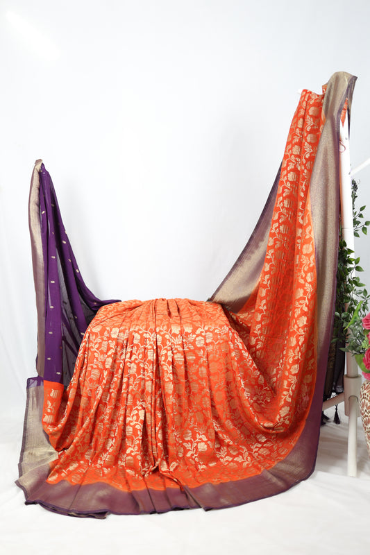 Orange & Purple Banarasi Georgette Saree