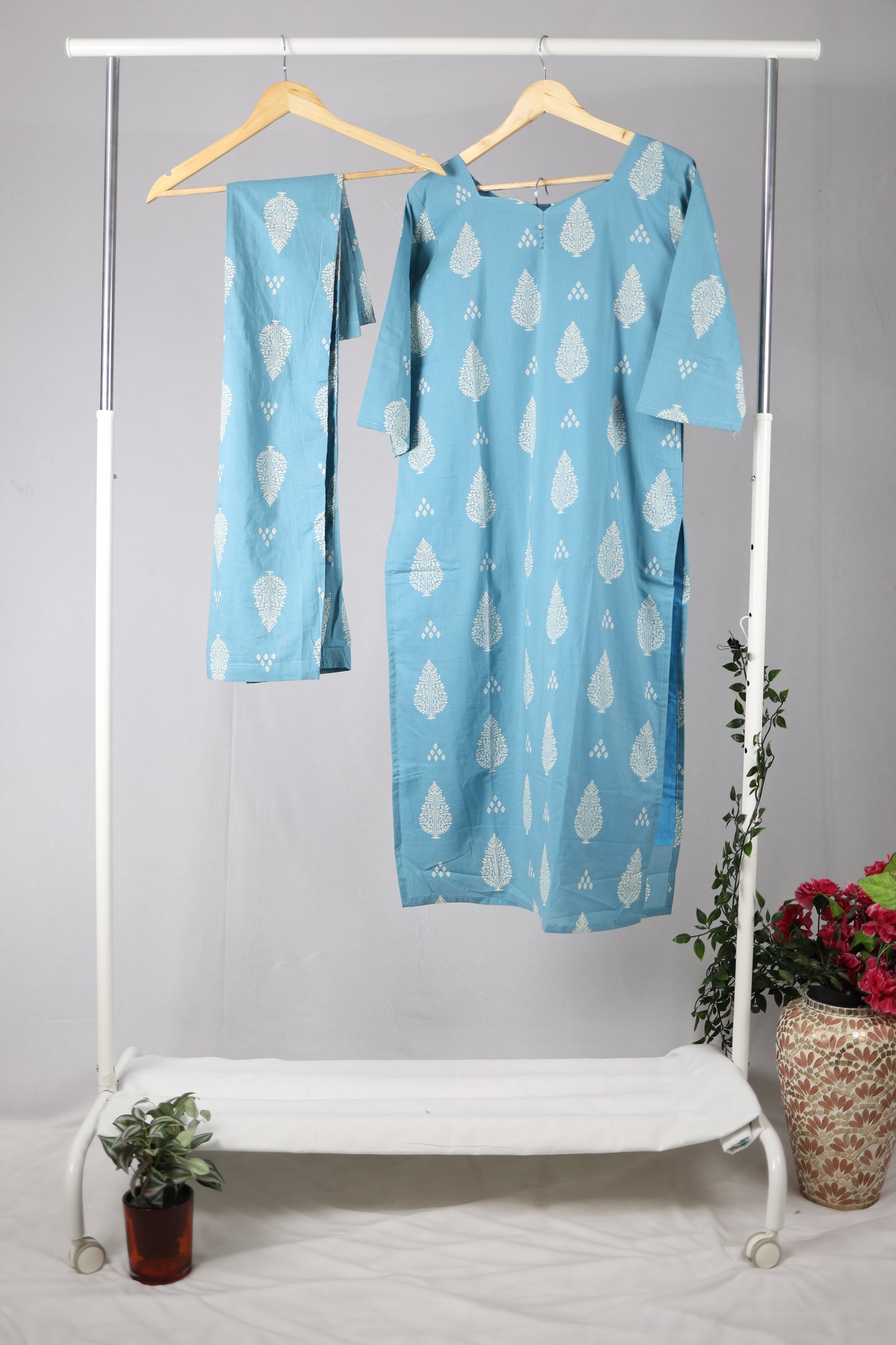 Light Blue Cotton Straight-Cut Printed Kurti Set