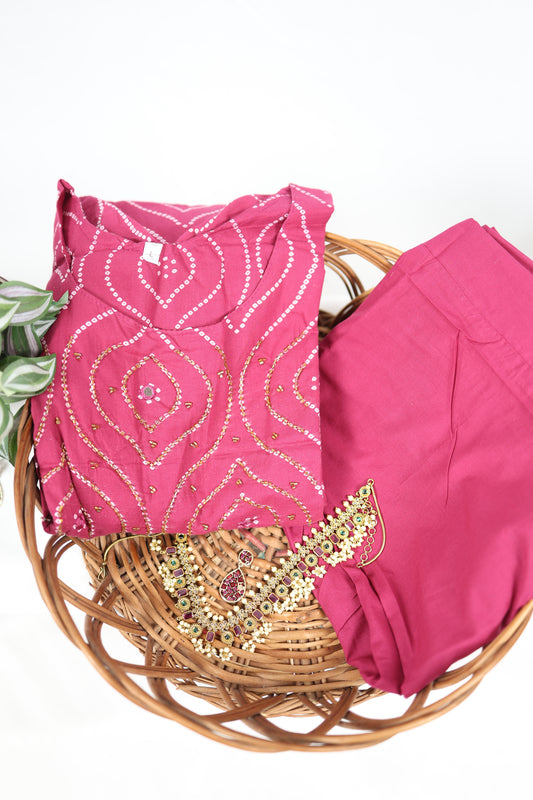 Pink Cotton Straight-Cut Kurti Set with Yoke Work