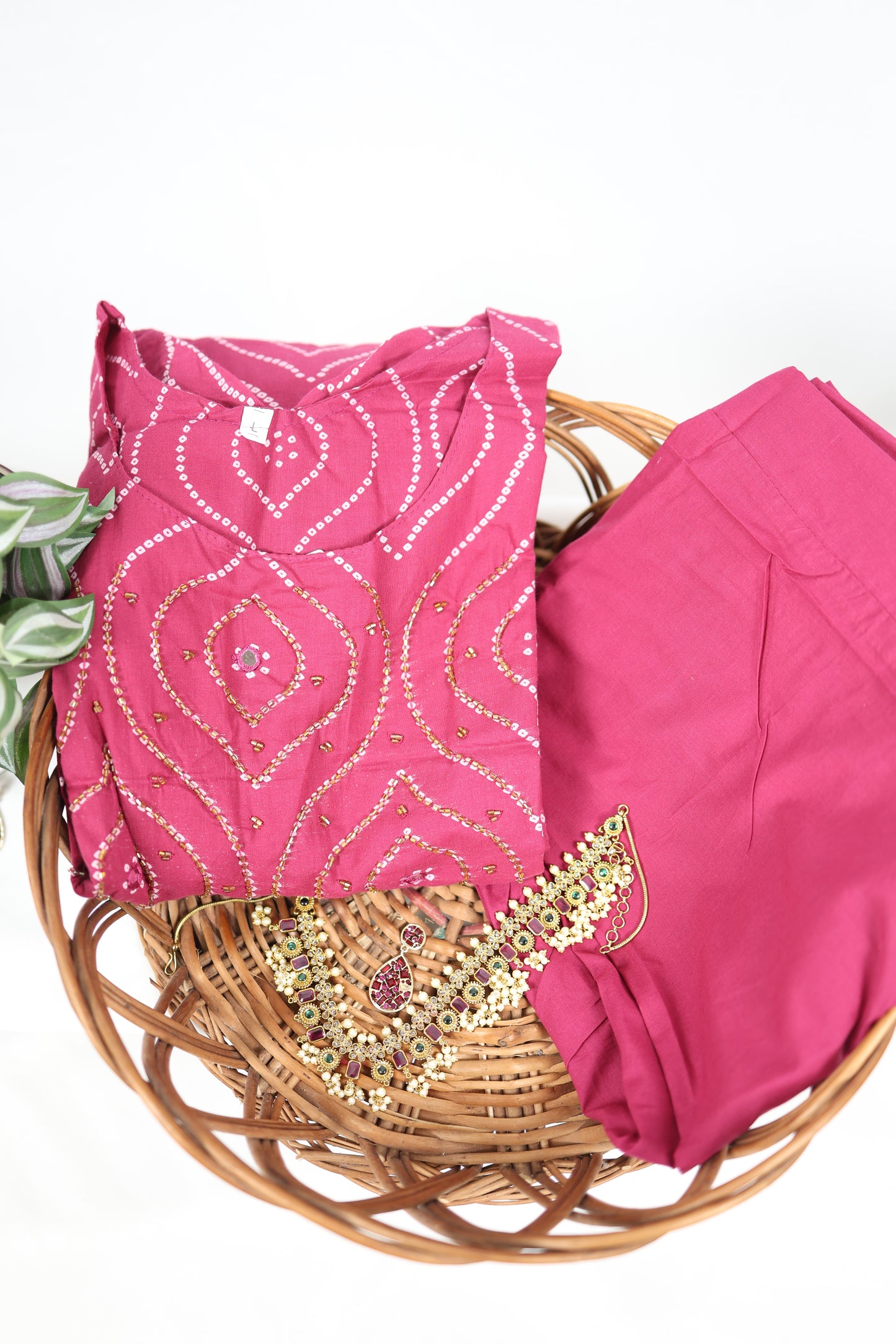 Pink Cotton Straight-Cut Kurti Set with Yoke Work