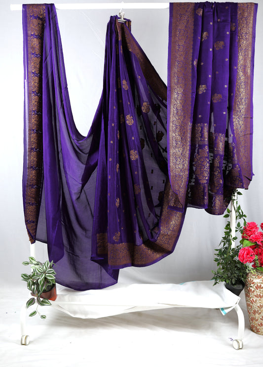 chiffon silk saree with antique zari-Purple