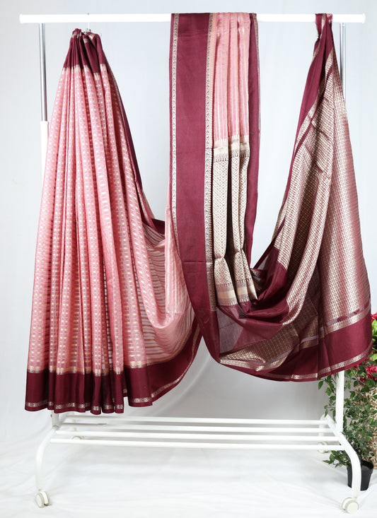 Soft Banarasi raw silk-pink/burgundy colour