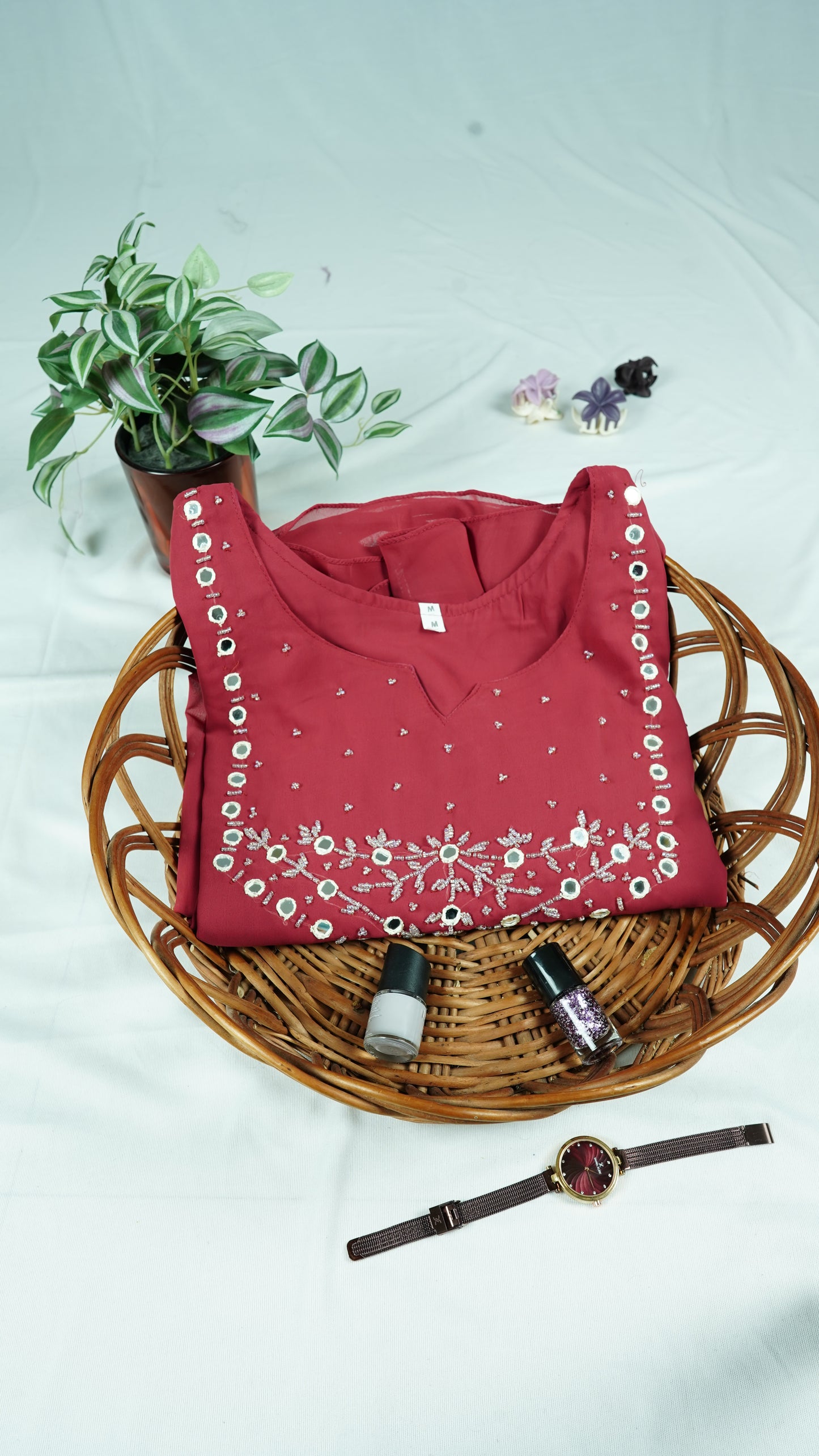 Pastel Pink Georgette Kurti with Yoke Mirror Work