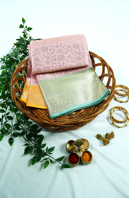 Soft silk Brocade Saree-Pink with yellow/green border