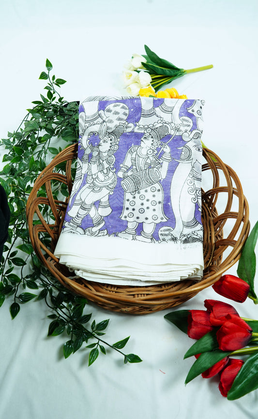 White & Purple Mangalagiri Kalamkari Print