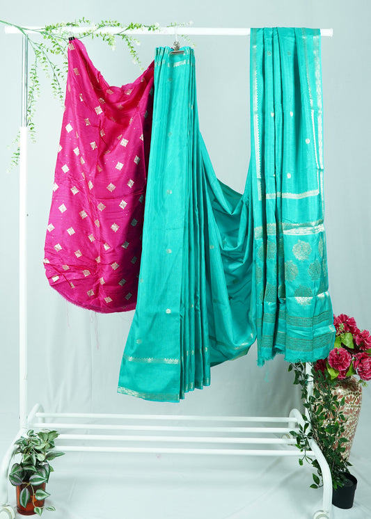 Sky blue Viscose silk saree with pink blouse