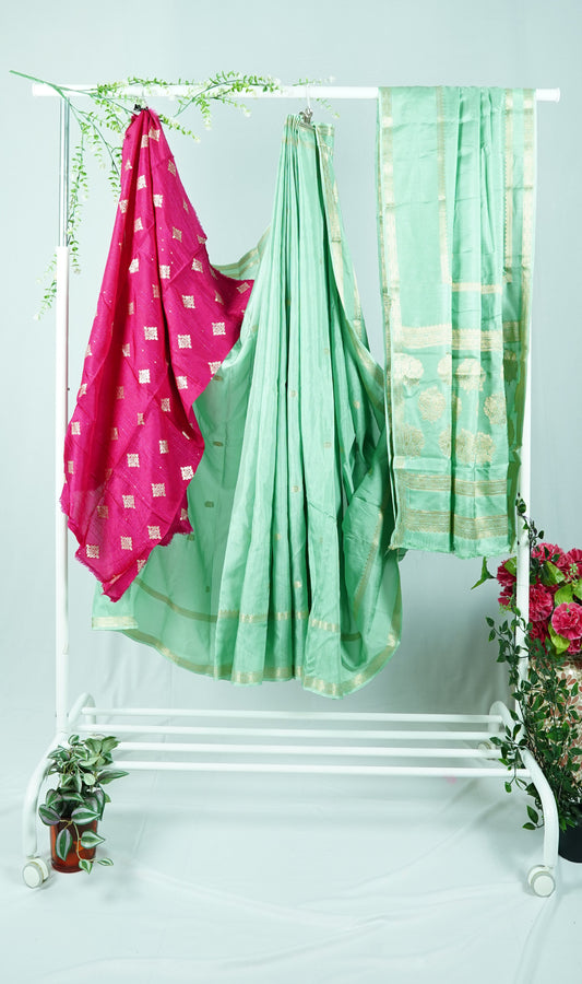 Pastel green viscose silk saree with pink blouse