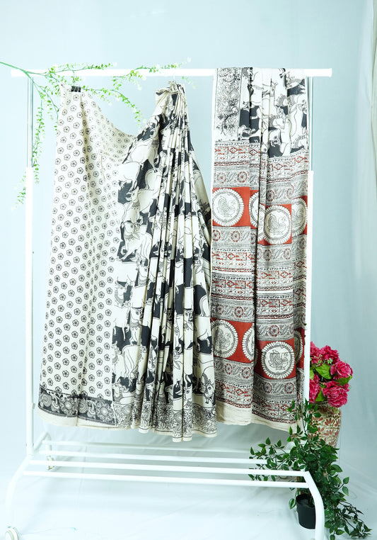 Black Cotton Kalamkari Sarees (Maroon Pallu)