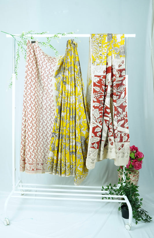 Yellow Cotton Kalamkari Sarees