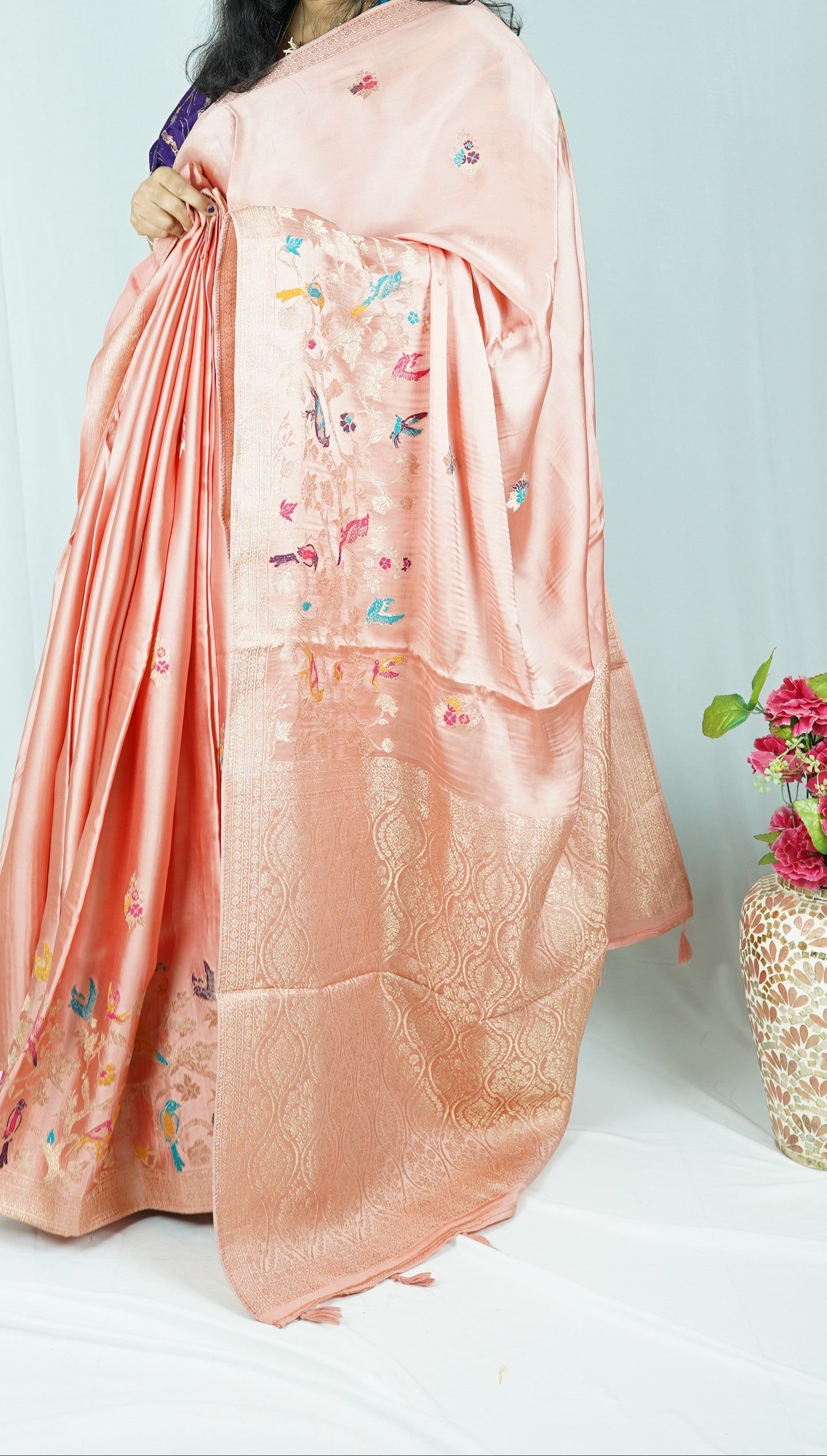 Banaras Mashru katan saree-Peach Pink