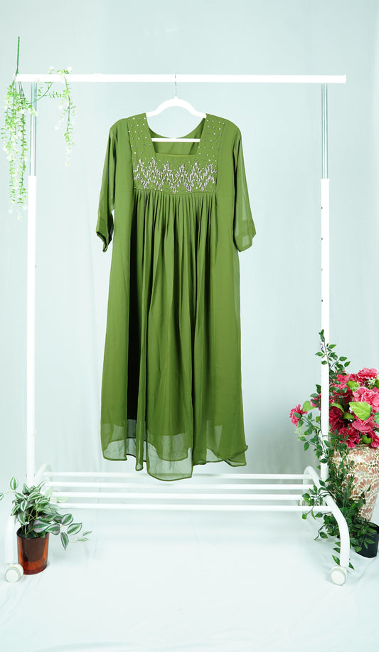 Olive Green Georgette A-Line Kurti with Yoke Work