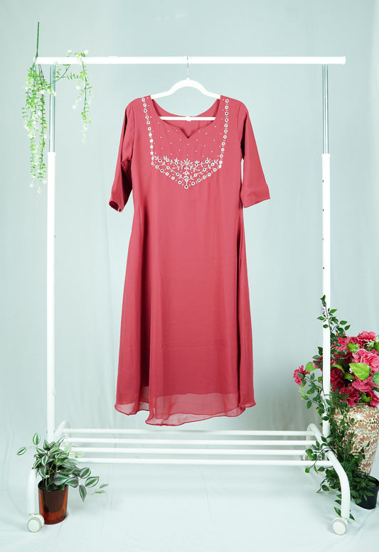 Pastel Pink Georgette Kurti with Yoke Mirror Work