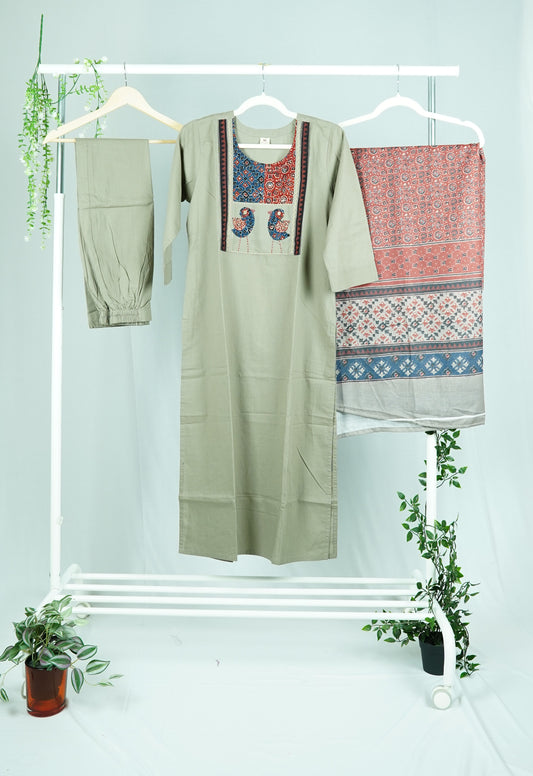 Grey Pure Cotton Kurti Set with Yoke Design