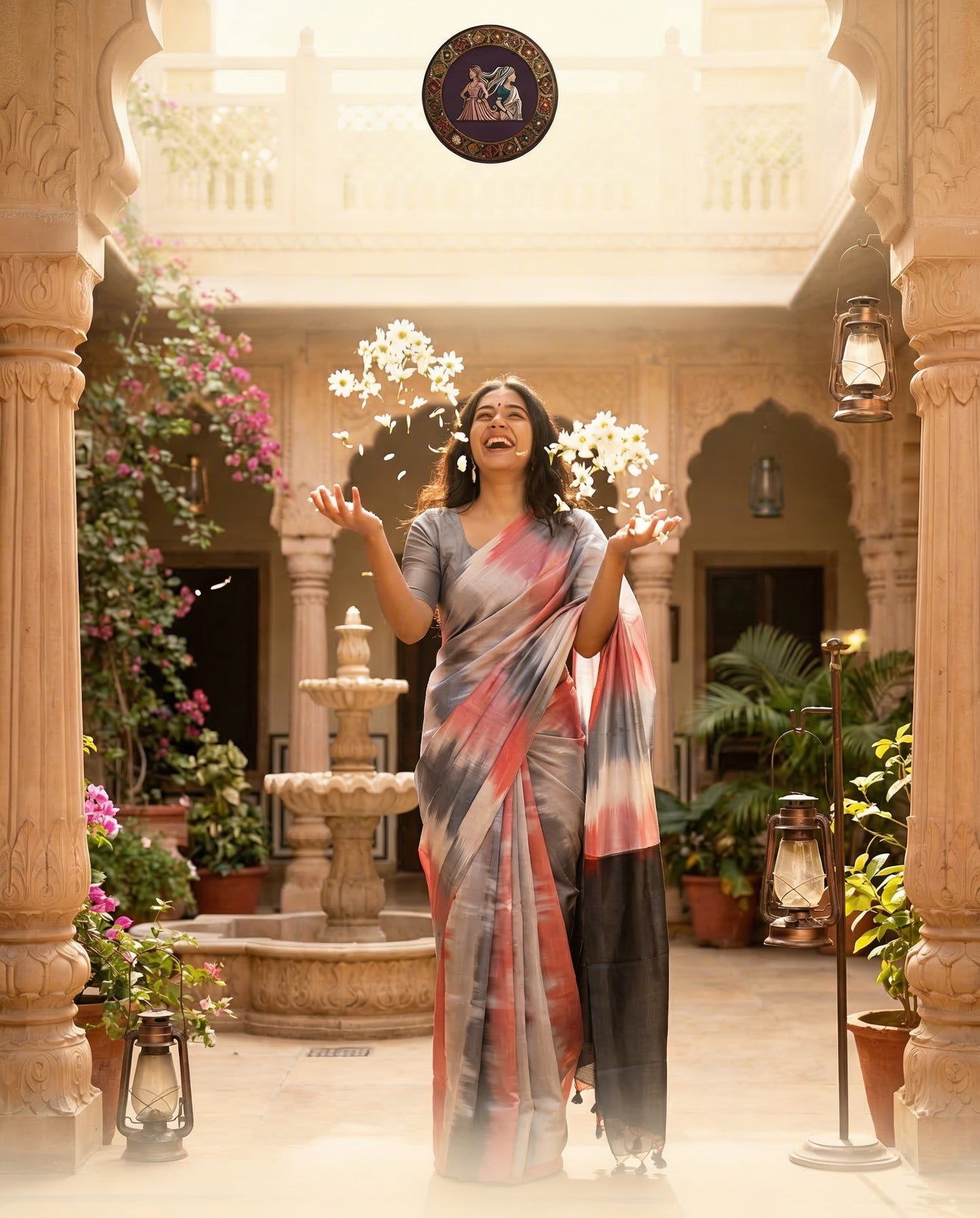 Grey Mangalagiri handloom saree with Ikkat design
