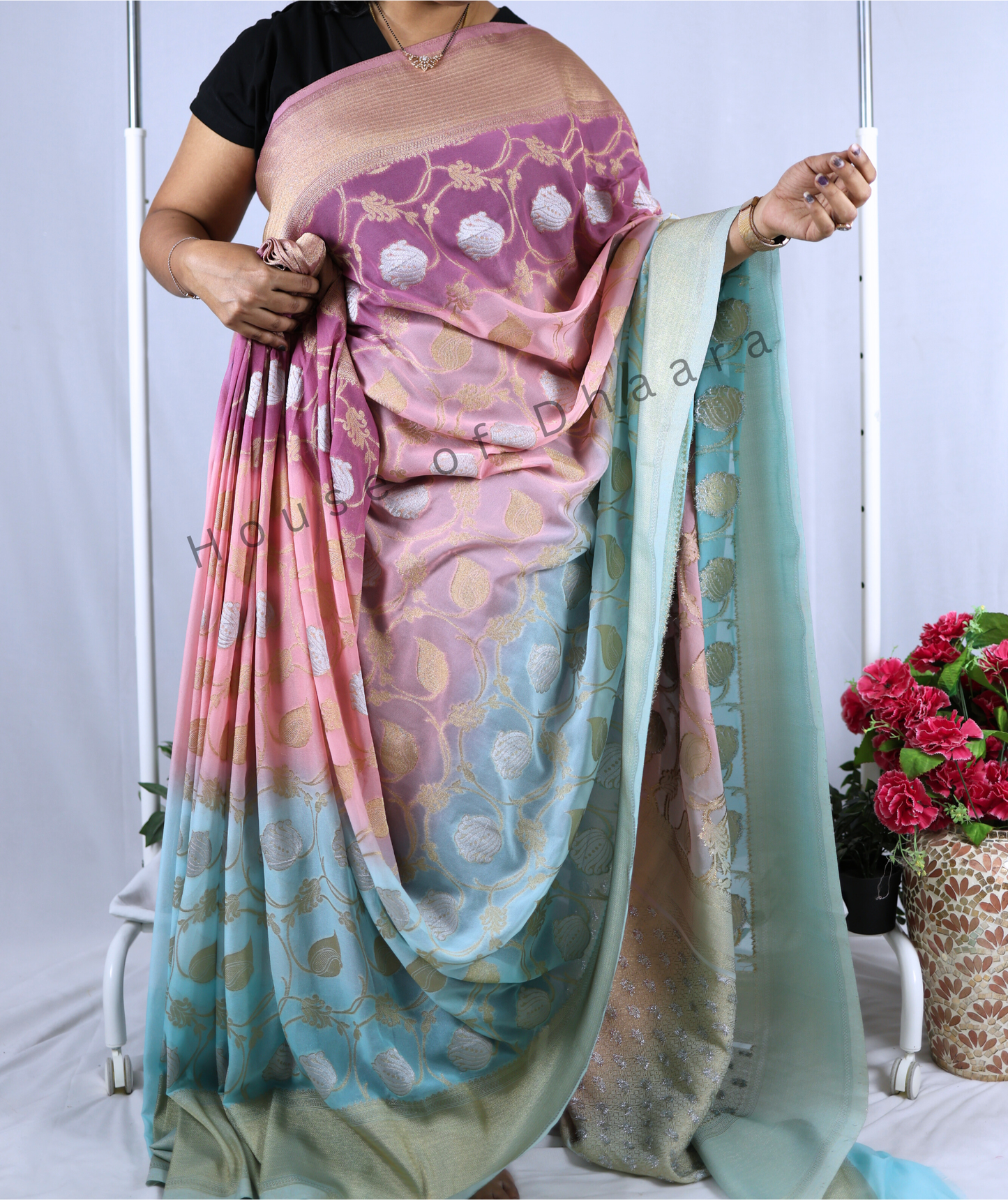 Pastel Blue & Pink 4D Georgette Saree