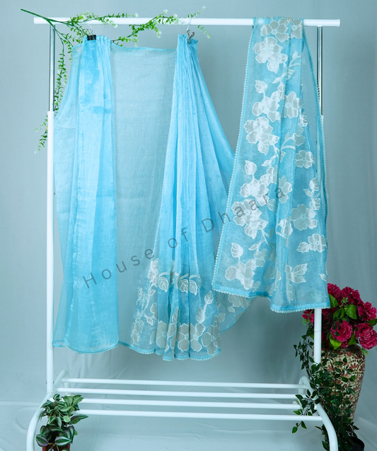 Pastel Blue Soft organza tissue saree with applique work