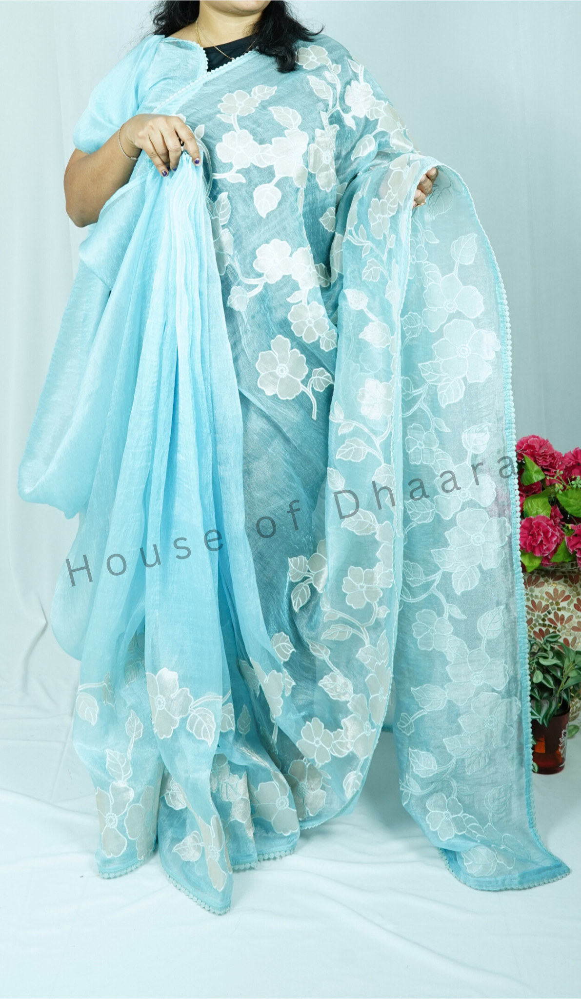 Pastel Blue Soft organza tissue saree with applique work