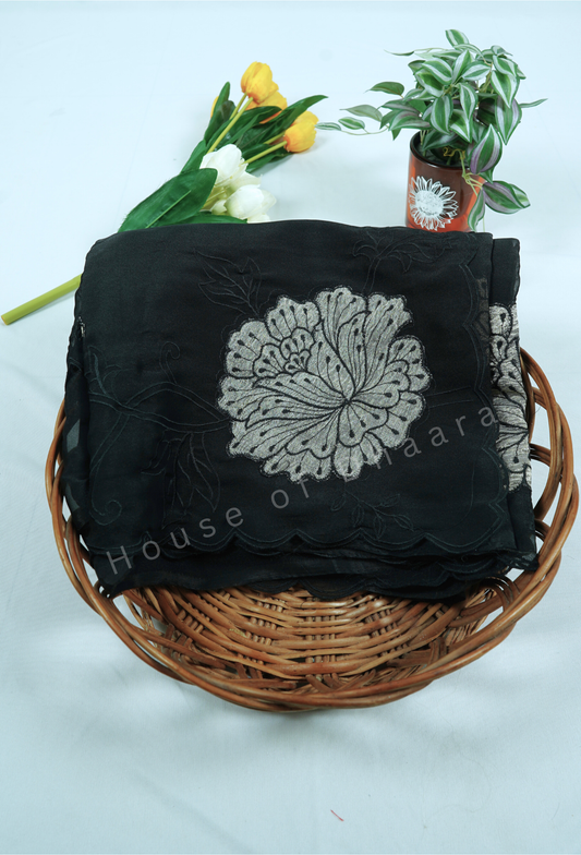 Black Soft organza tissue saree with applique work