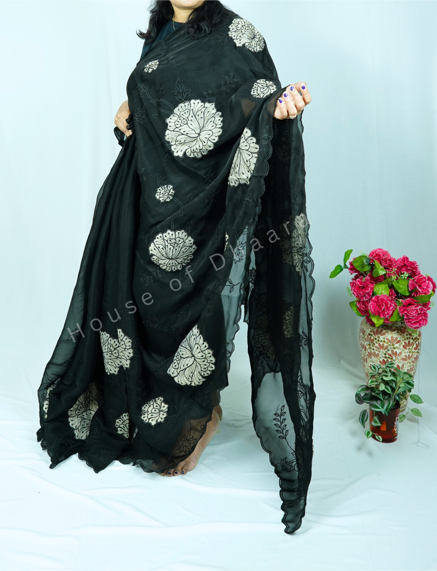 Black Soft organza tissue saree with applique work