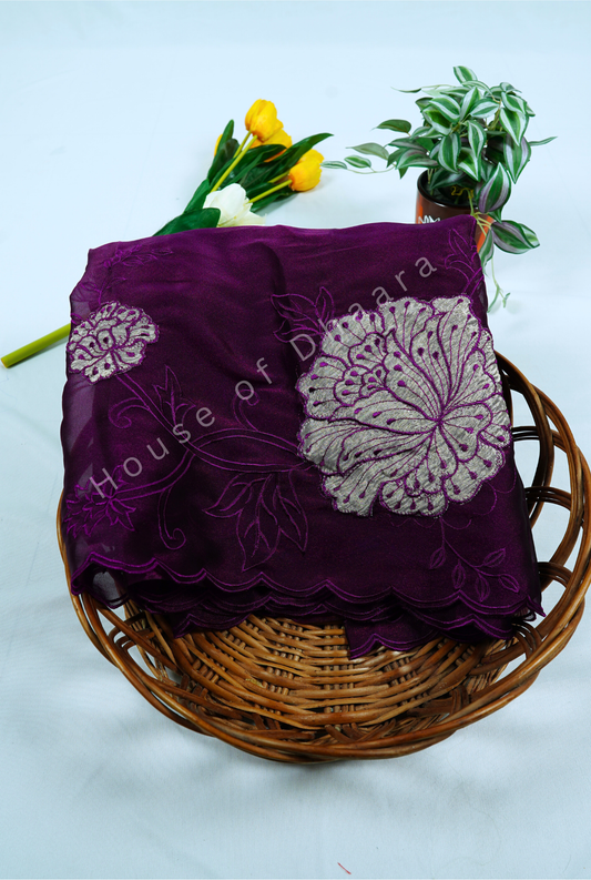 Wine Soft organza tissue saree with applique work