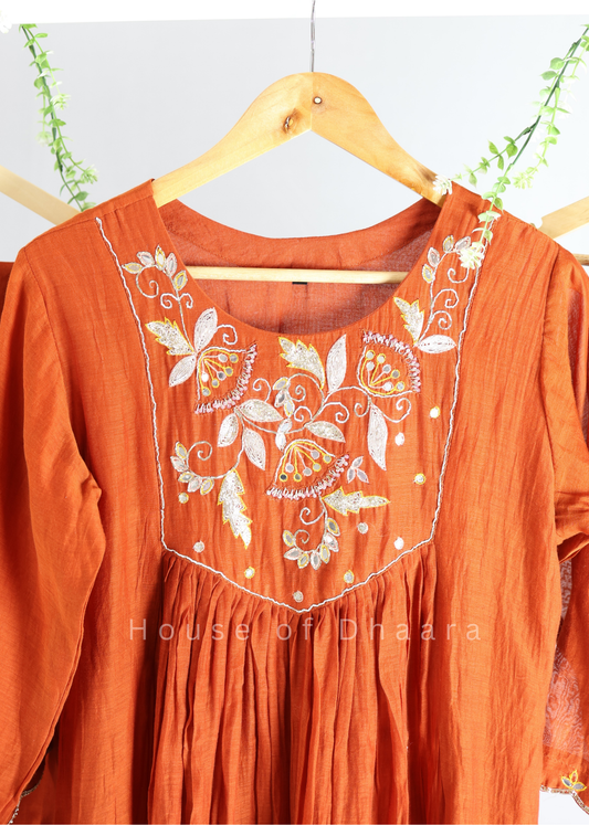 Rust Orange Mulchanderi Kurti Set