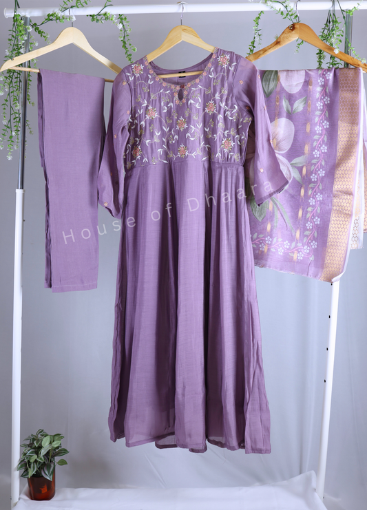 Lavendar Mul Chanderi Kurti Set