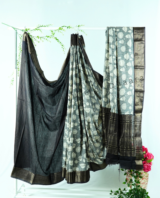 Grey Viscose Cotton with black zari border