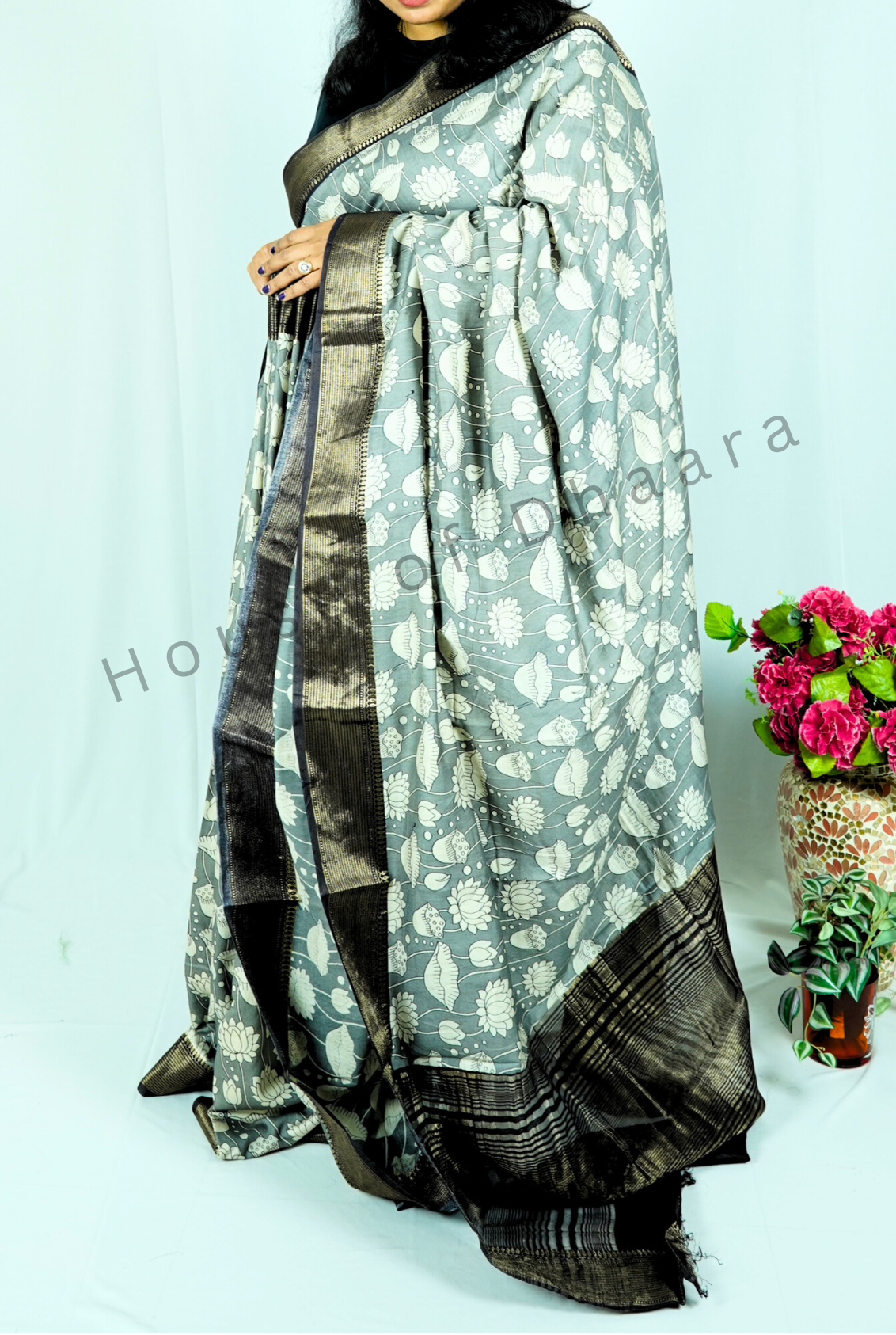 Grey Viscose Cotton with black zari border
