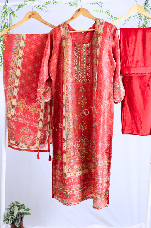Red Soft Tissue Kurti Set