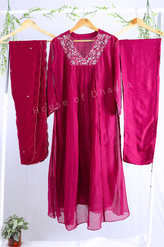 Dark Wine Mulchanderi Kurti Set