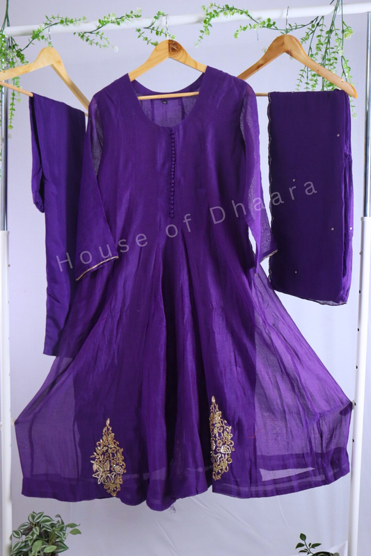 Purple/ Peach Mul Chanderi Kurti Set