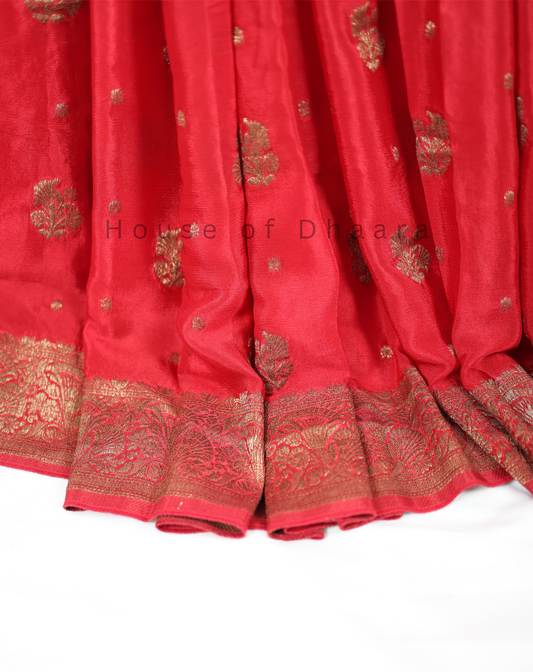 chiffon silk saree with antique zari-Red