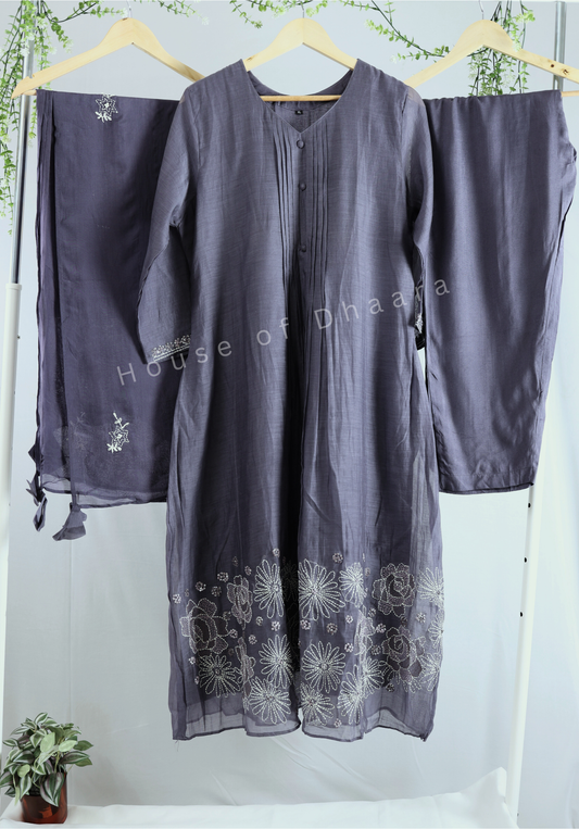 Grey Mulchanderi Kurti Set