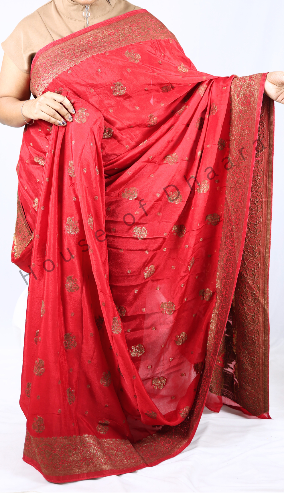 chiffon silk saree with antique zari-Red