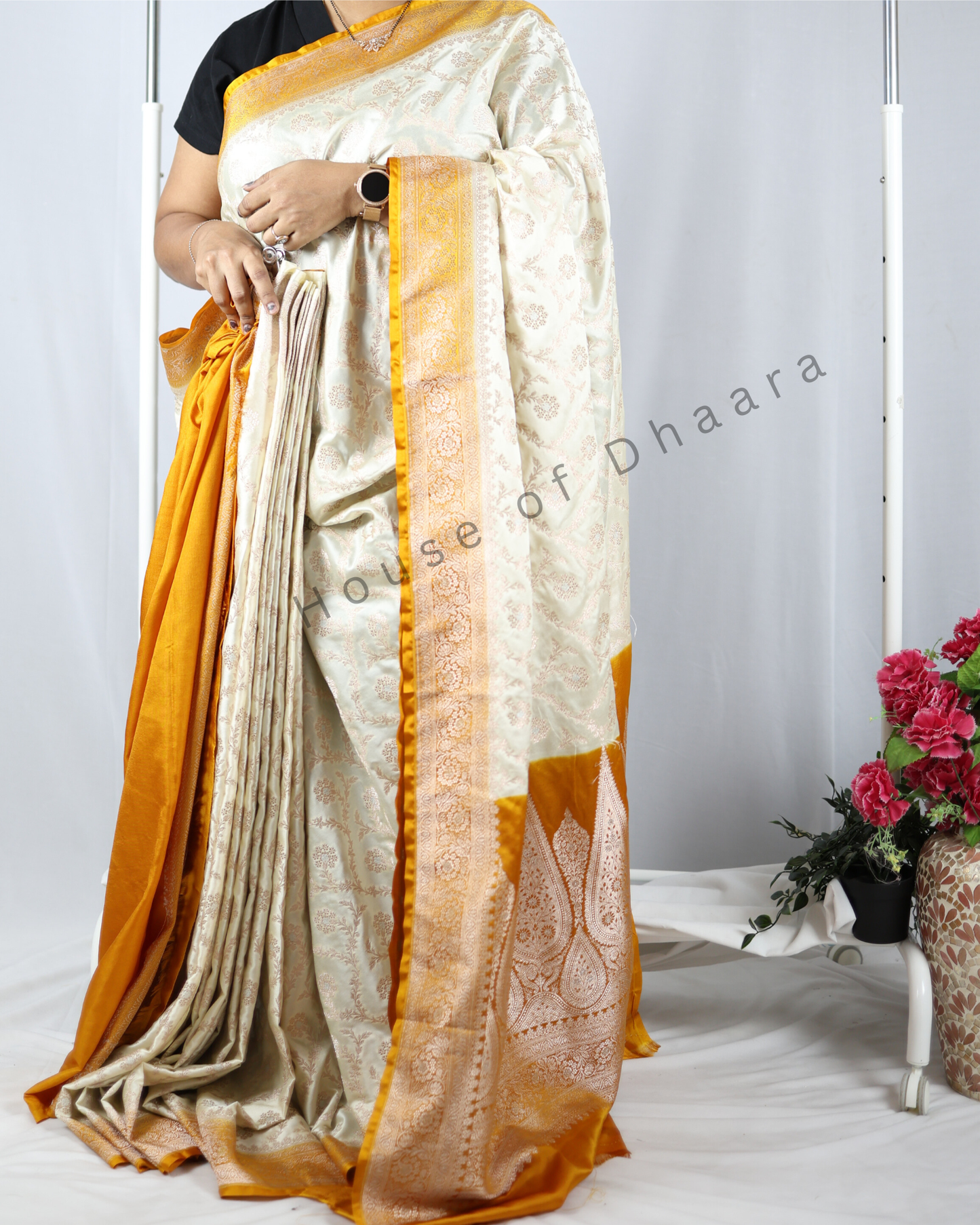 Half White Pure Banarasi Mashru Katan Saree with Yellow border