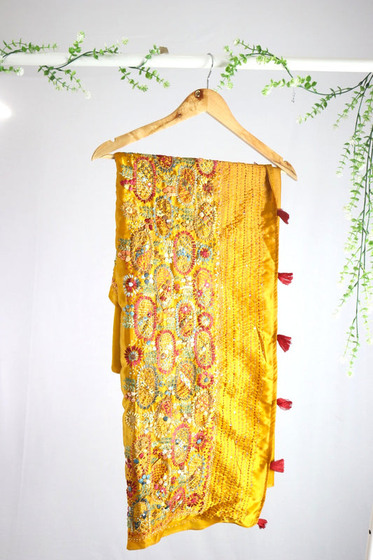Mustard yellow modal silk with kantha work