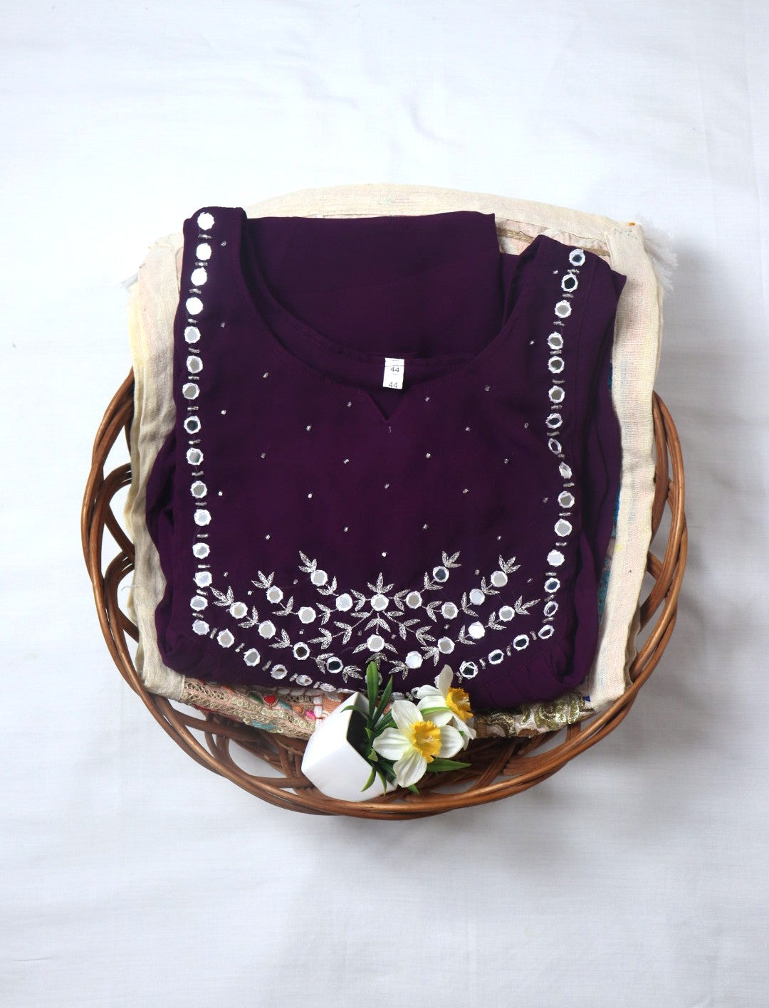 Wine Georgette A-Line Kurti with Yoke Mirror Work (Dupatta Included)