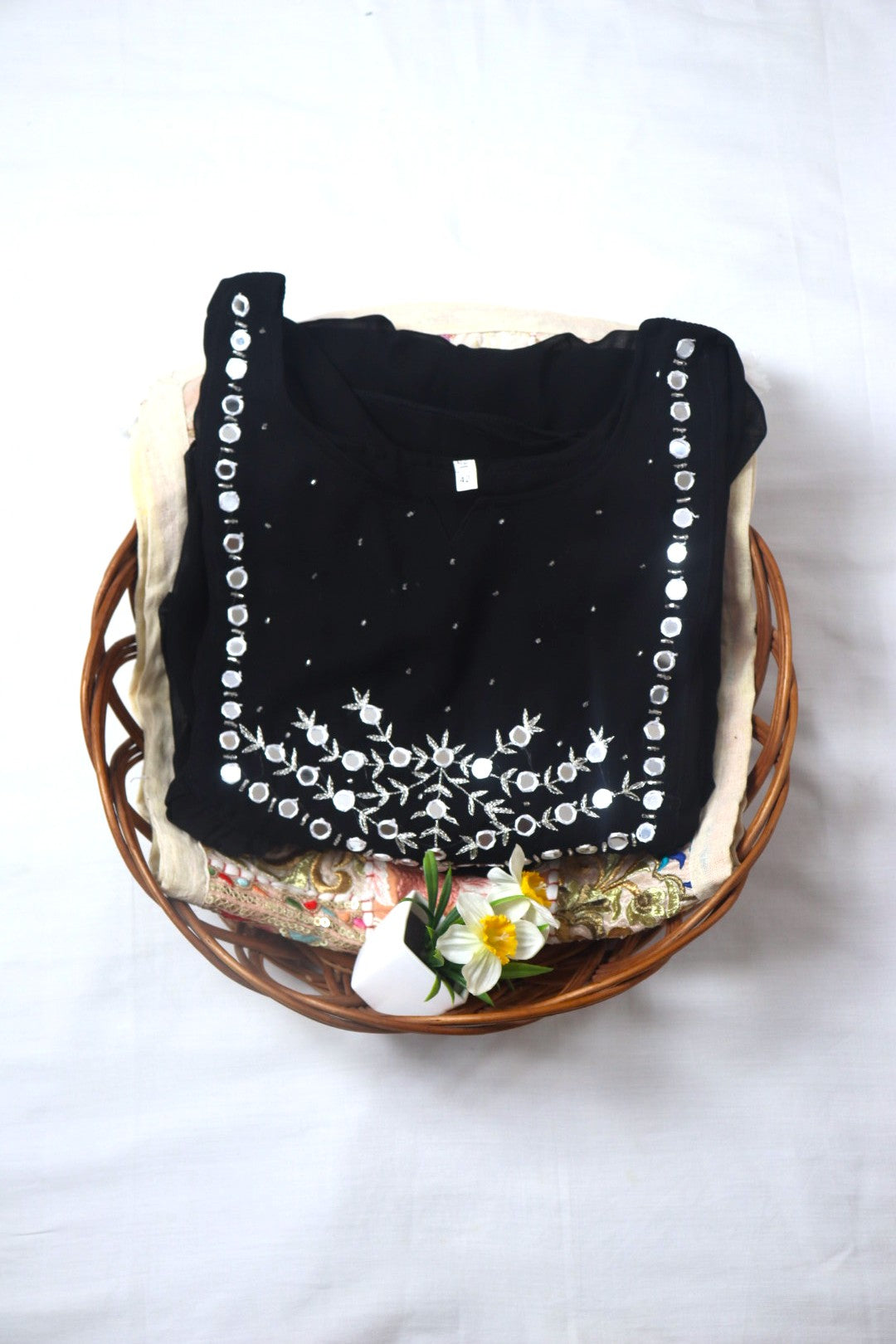 Black Georgette A-Line Kurti with Yoke Mirror Work (Dupatta Included)