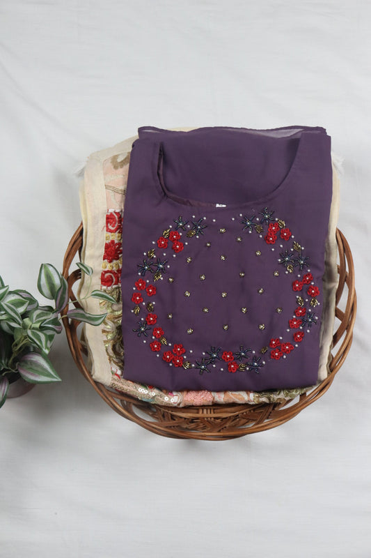 Dark Lavender Georgette A-Line Kurti with Yoke Work