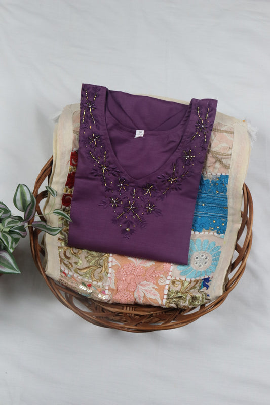 Dark Lavender Straight-Cut Cotton Kurti with Elegant Neckline Work