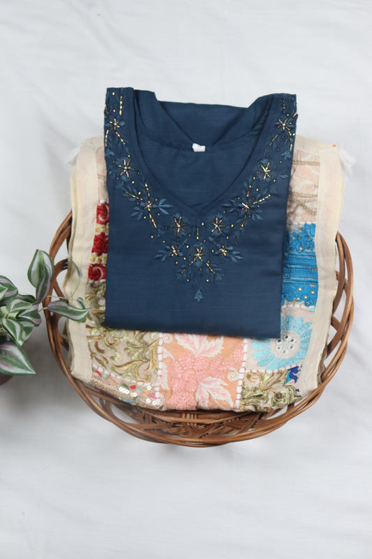 Teal blue Cotton straight cut kurti with neckline work